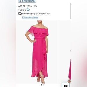 SLNY Hot Pink off-the-shoulder Ruffle High Low Dress, size 12